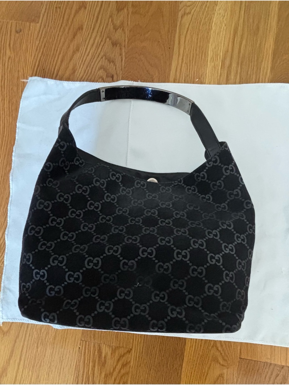 Gucci Tom Ford Era Black Suede GG Monogram Hobo Shoulder Bag Metallic Strap.